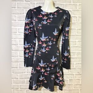 Merry Dot navy Long-Sleeve A-Line Dress with Blue-Striped Bird- see measurements